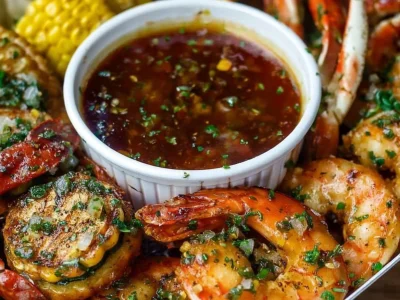 Seafood boil dipping sauce served alongside shrimp and crab