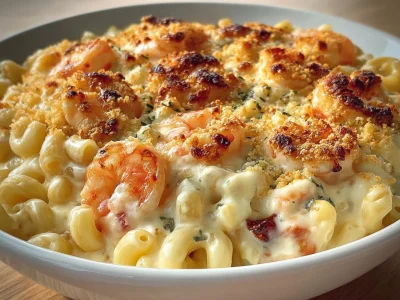 Creamy Seafood Mac and Cheese with shrimp and crab in a cheesy sauce