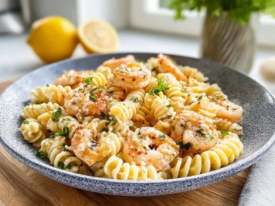 A colorful bowl of seafood pasta salad with shrimp, crab, and vegetables.