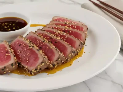 Plated seared ahi tuna slices with sesame seeds and ponzu sauce on a white marble countertop.