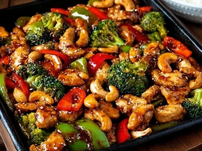 Delicious sheet pan cashew chicken served with vegetables