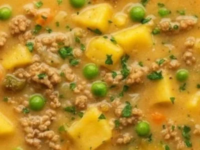 Delicious bowl of Shepherd's Pie Soup with ground meat and vegetables