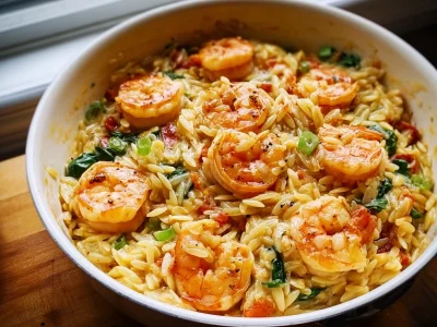 Shrimp Orzo dish garnished with fresh herbs ready to serve.