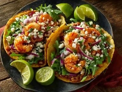 Delicious shrimp tostadas on a plate with vibrant summer toppings