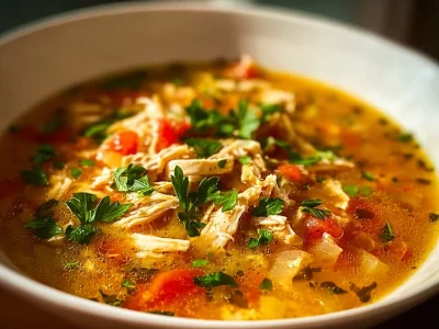 Bowl of hearty Sicilian Chicken Soup with vegetables and herbs