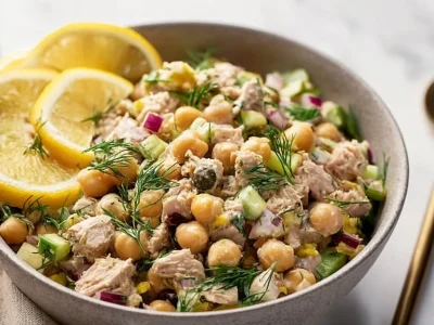 Simple Tuna Chickpea Salad with fresh ingredients in a bowl