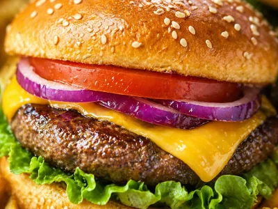 Delicious grilled cheeseburgers with melted cheese and toppings on a grill.