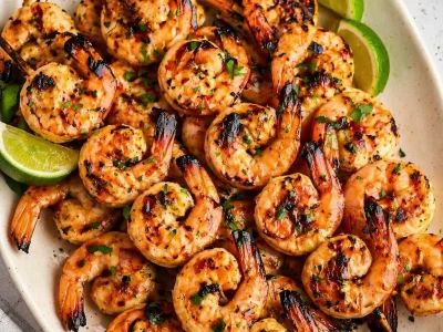 Delicious grilled shrimp skewers marinated in garlic and lemon on a grill.