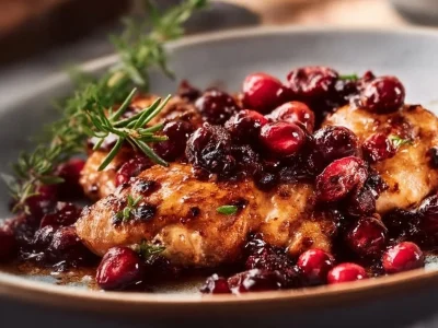 Skillet Cranberry Orange Chicken dish served with fresh herbs