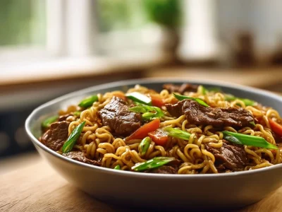 A bowl of slow cooker beef ramen noodles topped with green onions and soft-boiled egg.