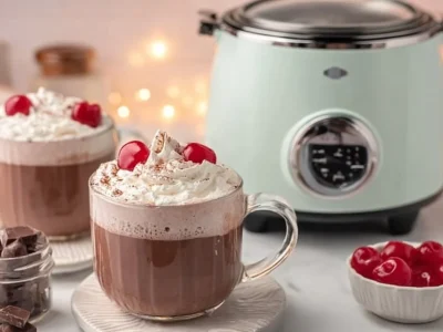 Slow Cooker Chocolate Covered Cherry Hot Chocolate in a cozy mug