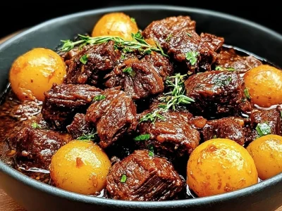 Slow cooker garlic butter beef bites served with potatoes in a bowl