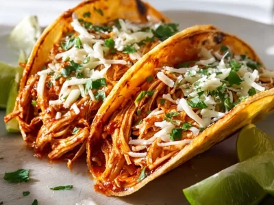 Slow Cooker Shredded BBQ Chicken Tacos garnished with fresh toppings
