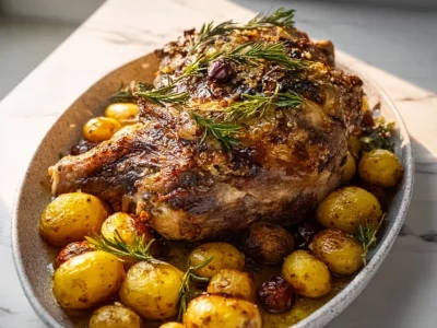 Slow roasted Greek lamb with seasoned potatoes on a rustic platter.