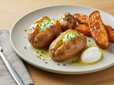 A plate of smoked baked potatoes topped with sour cream, chives, and butter, served with smoked sweet potatoes on a wooden table.