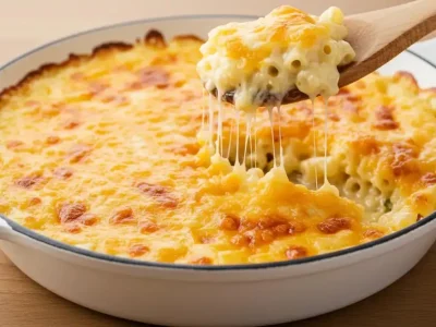 reamy smoked mac and cheese in a cast-iron skillet with a golden crust.