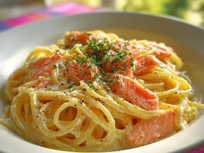 Delicious smoked salmon carbonara served on a white plate, garnished with herbs.