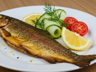 Smoked Trout Brine fillet served on white ceramic plate with dill sauce, cucumbers, cherry tomatoes, and lemon wedge
