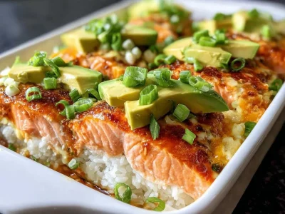 Spicy salmon sushi bake topped with green onions and sesame seeds in a baking dish.