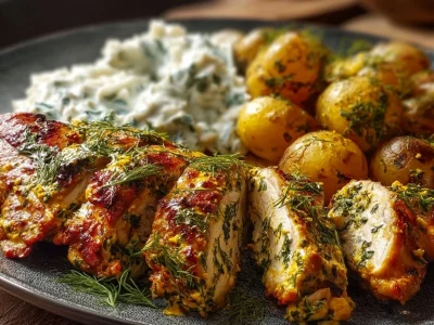 Spicy yogurt marinated chicken topped with dill feta cream served on a plate.