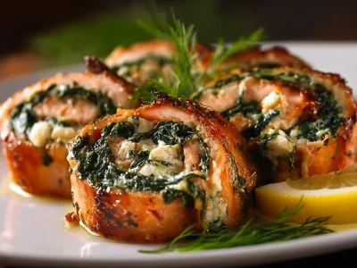 Spinach and feta stuffed salmon pinwheels served on a plate
