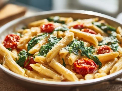 A vibrant bowl of spinach tomato pasta topped with Parmesan cheese.