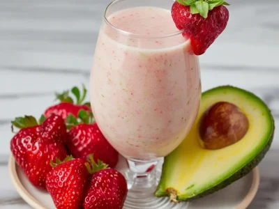 Strawberry avocado smoothie in an elegant glass with fresh strawberries and half an avocado on a plate