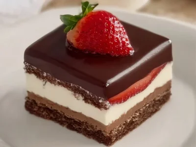 Layered Strawberry Chocolate Ombre Cake with fresh strawberries and chocolate frosting.