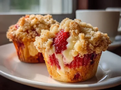 Freshly baked strawberry cream cheese muffins on a wooden table