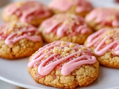 Delicious strawberry crunch cookies with a crispy topping and fresh strawberries