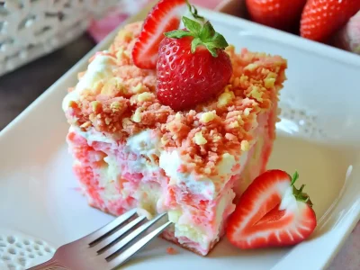 Strawberry Crunch Poke Cake topped with a golden strawberry crumble