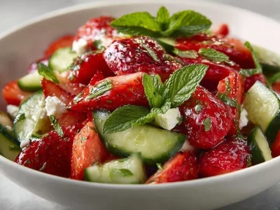 Fresh strawberry cucumber salad with vibrant colors and healthy ingredients.