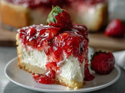 Slice of Strawberry Earthquake Cake with chocolate and strawberry topping