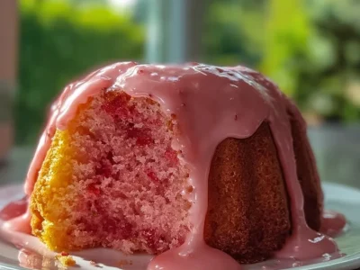 Slice of Strawberry Honeybun Cake with fresh strawberries on top