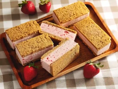 Golden crumb strawberry ice cream sandwiches served on a wooden tray with fresh berries