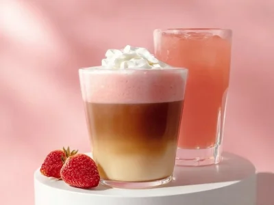 Delicious strawberry latte topped with whipped cream and fresh strawberries