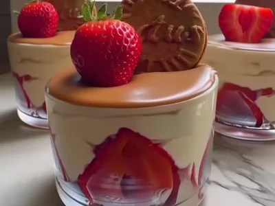Strawberry Lotus Dessert: An Easy, Creamy & Fruity Delight strawberry lotus dessert with cream swirl and fresh strawberry