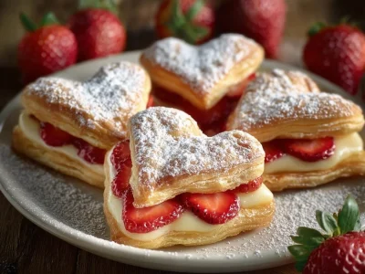 Delicious Strawberry Puff Pastry Danishes topped with fresh strawberries.