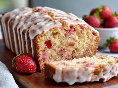Freshly baked Strawberry Rhubarb Bread on a wooden table
