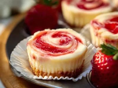 Delicious strawberry rhubarb mini cheesecakes served on a decorative plate