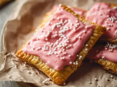Homemade Strawberry Rhubarb Pop Tarts on a rustic table.