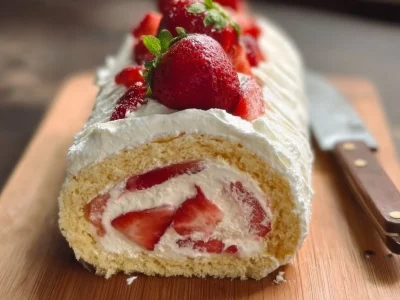 Delicious Strawberry Shortcake Cake Roll with fresh strawberries and cream filling