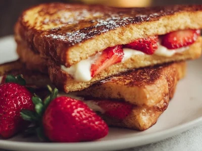 Delicious strawberry stuffed French toast topped with fresh strawberries and syrup.