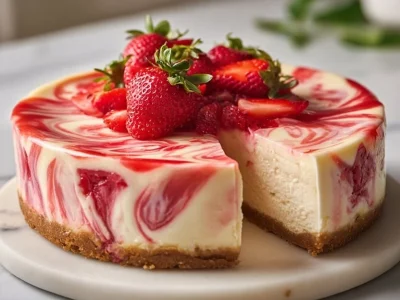 Deliciously rich strawberry swirl cheesecake slice on a plate