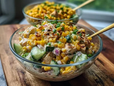 Street Corn Creamy Cucumber Chicken Salad with fresh ingredients