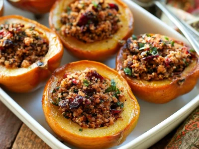 Stuffed acorn squash with quinoa and cranberries on a wooden table
