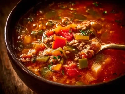Bowl of easy stuffed pepper soup topped with fresh herbs