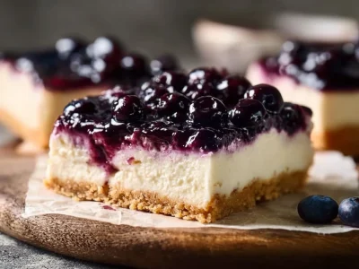 Sugar-free cheesecake bars topped with fresh berries on a white plate
