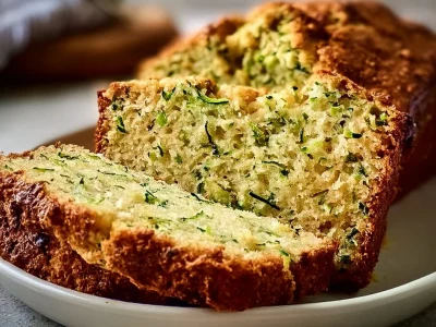 Freshly baked sugar-free zucchini bread on a wooden cutting board