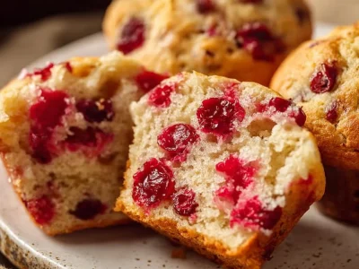 Delicious sugared cranberry muffins baked golden brown with fresh cranberries.